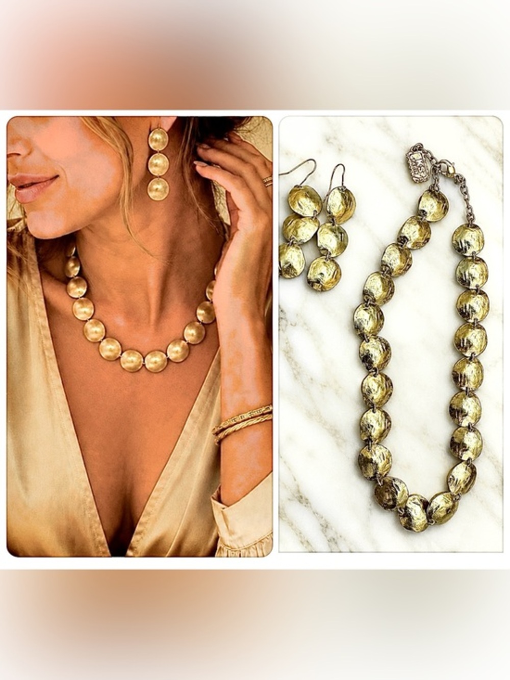 KS Paris VINTAGE Hammered gold-tone Disc Necklace & Matching Dangle Earring’s